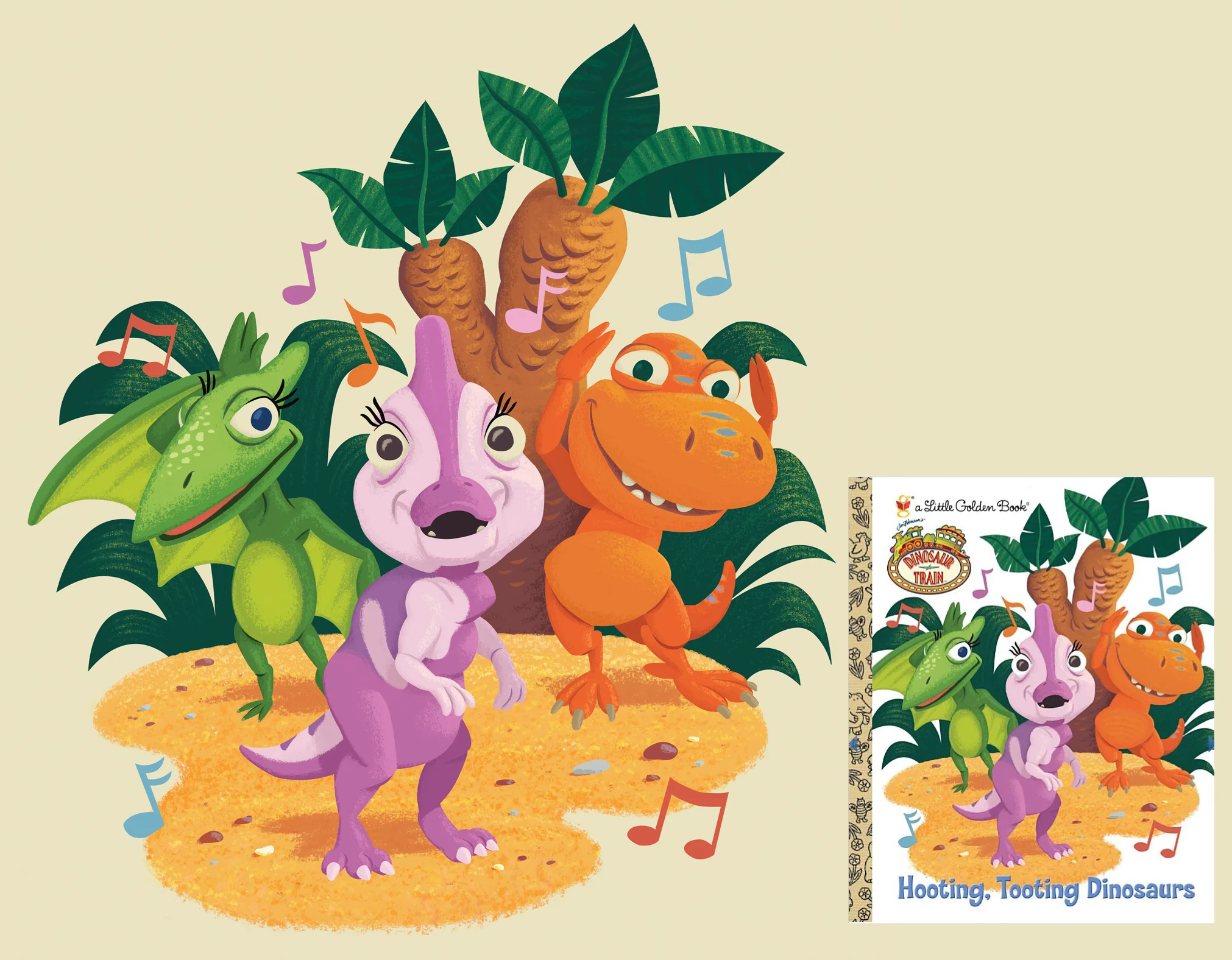 Cover and interior artwork for Jim Henson's Dinosaur Train book; Hooting, Tooting Dinosaurs.