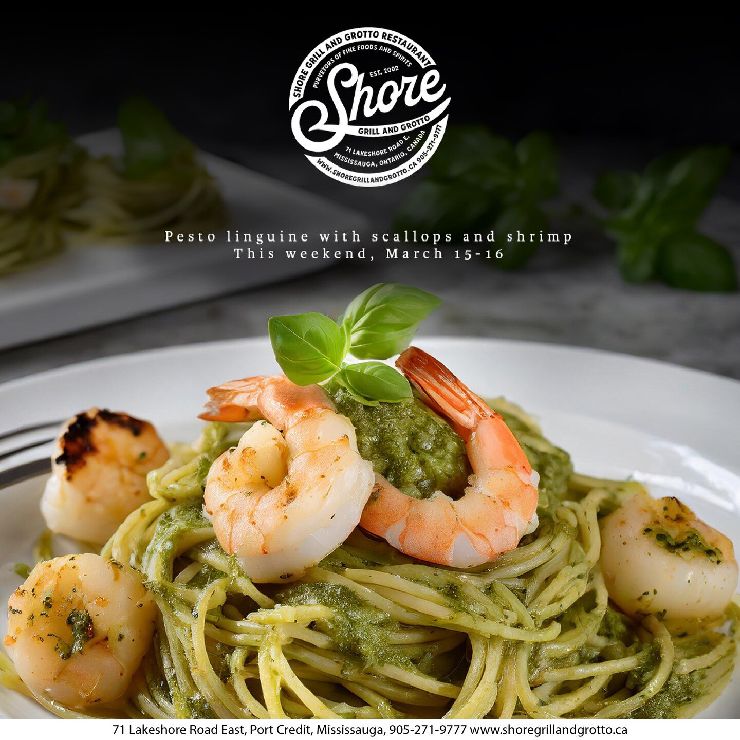 Savor the vibrant flavors of our homemade pesto sauce, perfectly paired with al dente linguini, succulent scallops, and jumbo shrimp. This weekend at Shore! #mississaugafood #GTApatio #patio #mississaugabar #mississaugafood #patios #patiolife #saugae