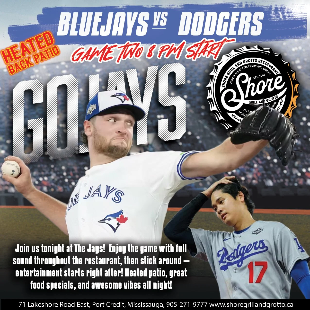 🔥Join us for game 2 🔵⚾ Catch every play with full sound throughout the entire restaurant, then stick around &mdash; live entertainment kicks off right after the game! Enjoy our heated back patio, amazing food and drink specials, and the best game-d