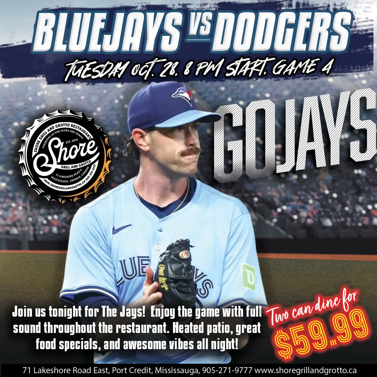 🎉 Game 4 World Series Watch Party &ndash; TONIGHT! ⚾
Join us tonight as we cheer on the Toronto Blue Jays in Game 4 of the World Series!
🏟️ Full sound throughout the bar &ndash; no live music tonight so you won&rsquo;t miss a single play!
🍷 Tuesda
