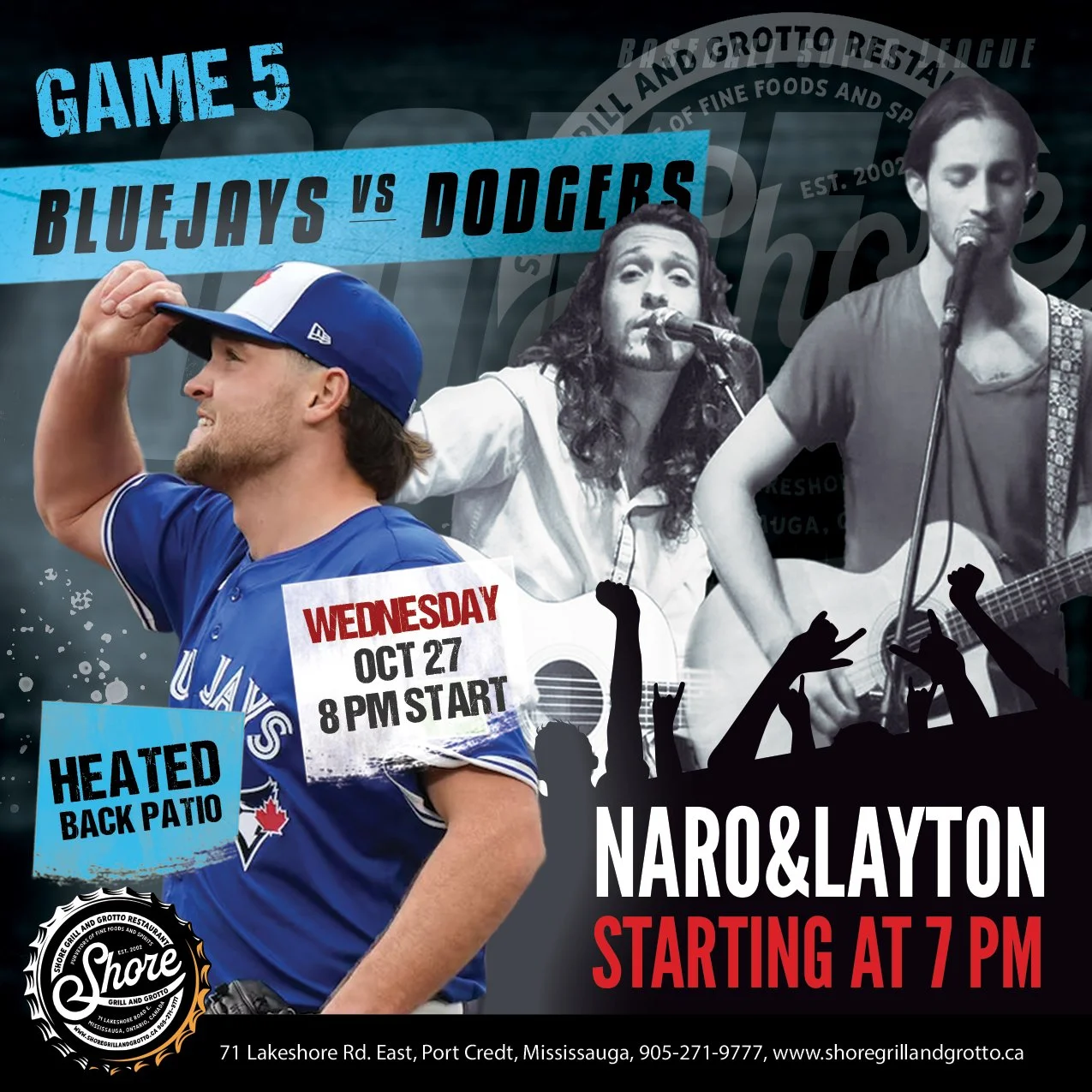 🔥 Game 5 Tonight! 🔥
Come cheer on the Blue Jays in Game 5 of the World Series &mdash; first pitch at 8 PM! ⚾️
🎶 Live entertainment kicks off at 7 PM with Naro and Layton on stage!
🍻 Enjoy our heated back patio with full game sound &mdash; the per