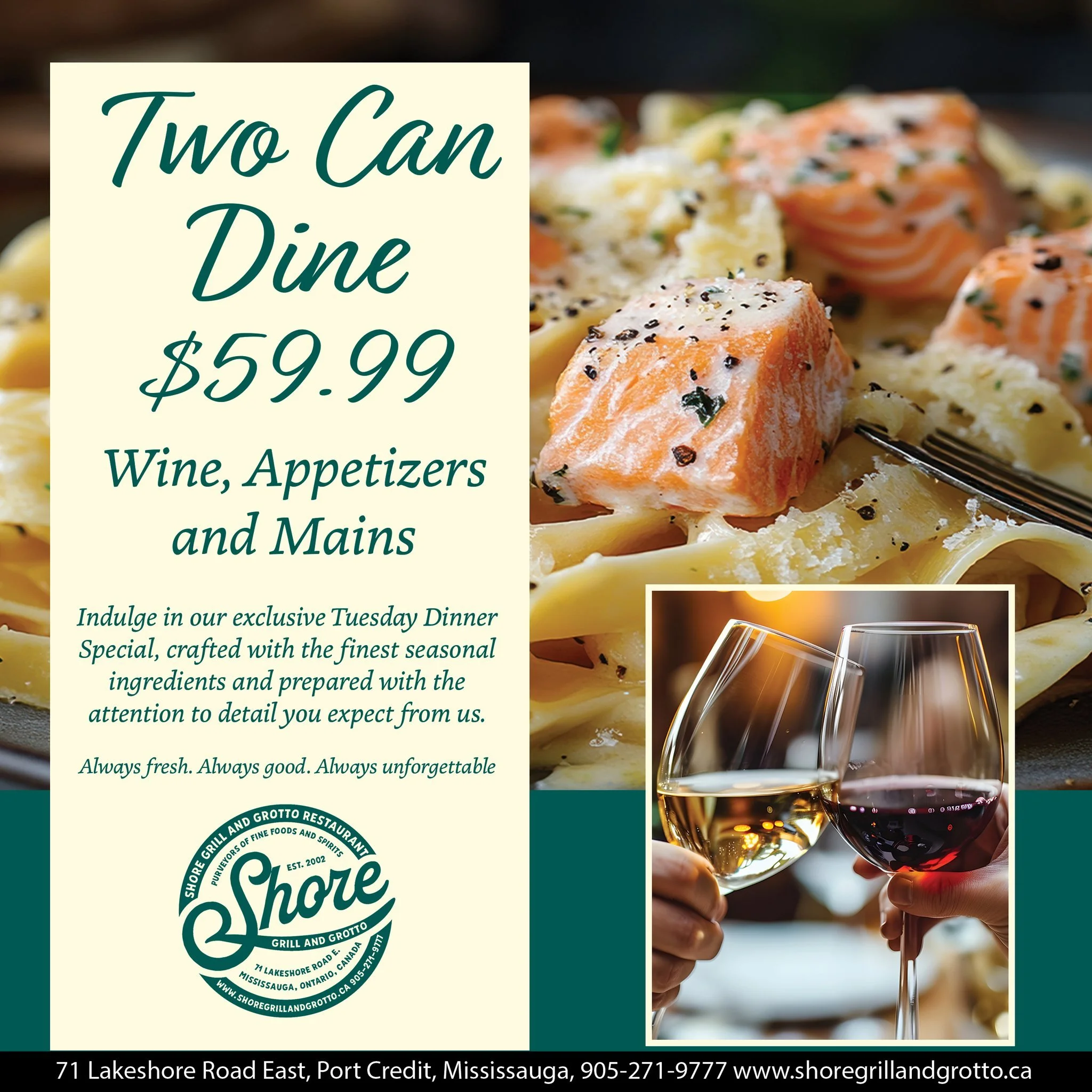 Two Can Dine for $59.99 &mdash; Every Tuesday at Shore Grill and Grotto ✨
Take a break from the holiday rush and enjoy a seasonal dinner crafted with care. Savor one of our freshly prepared entr&eacute;es, paired with wine and appetizers, all at an e