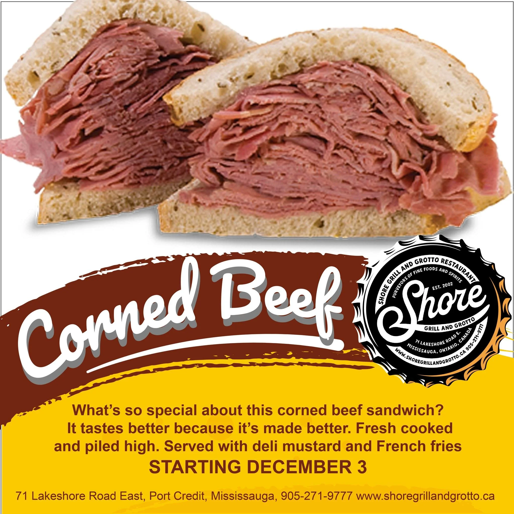 🍽️ Craving something hearty and delicious? 🤤
Join us at Shore Grill and Grotto for our mouthwatering Corned Beef Sandwich &mdash; made and sliced in-house, freshly prepared, tender, and juicy. Served on fresh rye bread with a side of crispy fries a