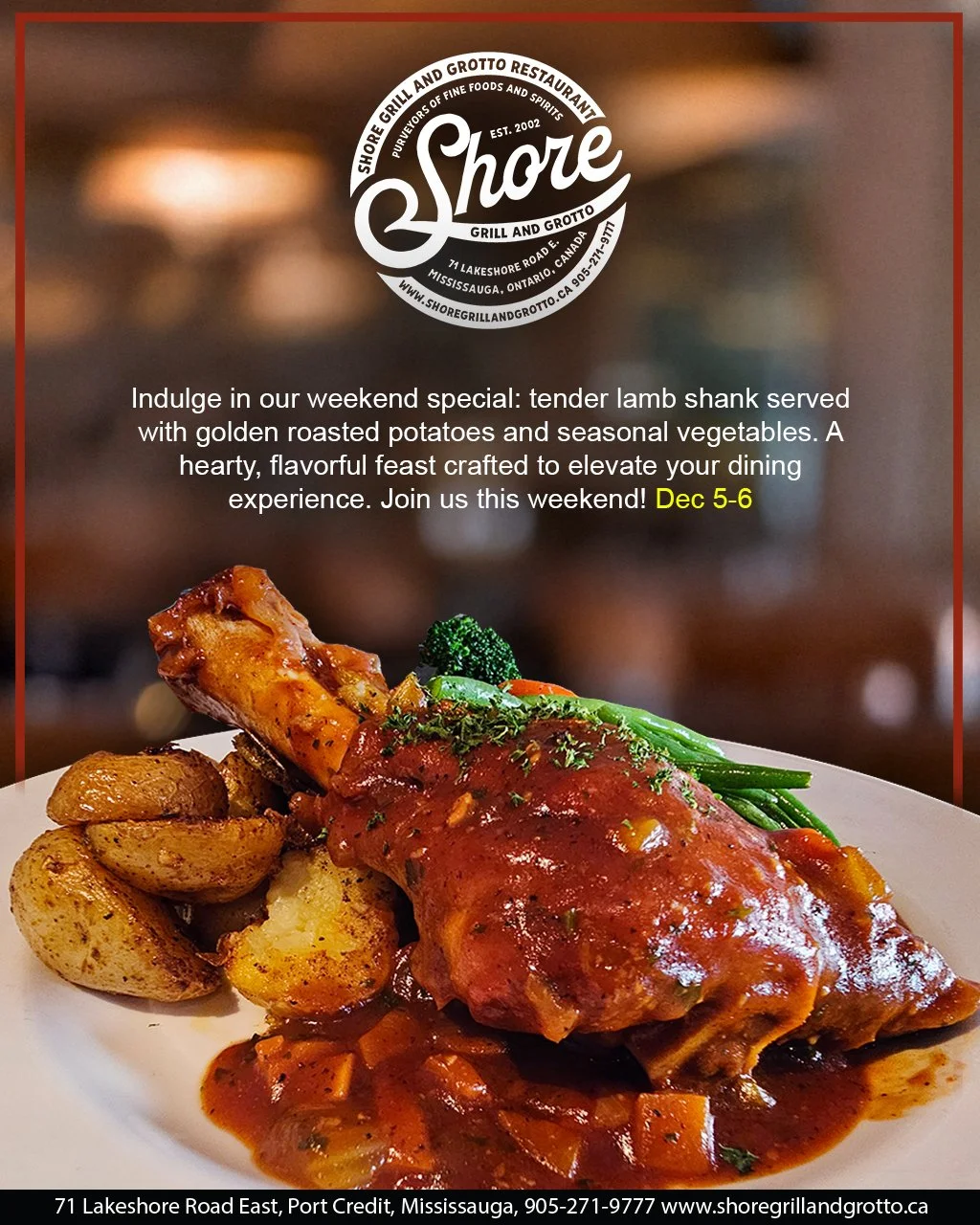 ✨ Weekend Special Alert! ✨
Indulge in our weekend special: tender lamb shank served with golden roasted potatoes and seasonal vegetables. A hearty, flavorful feast crafted to elevate your dining experience. 🍽️
Join us this weekend &mdash; Dec 5&ndas