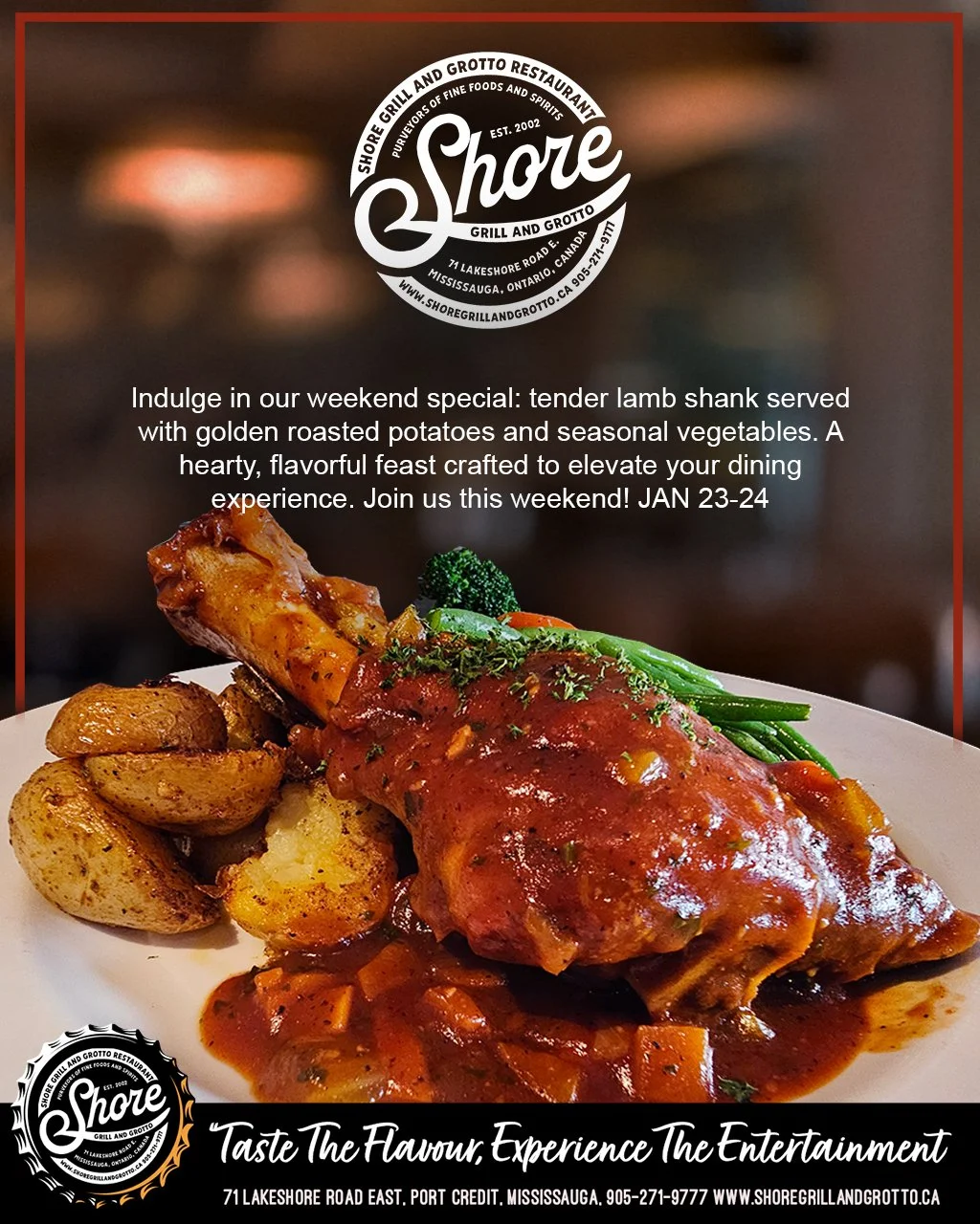 🔥 Cold weekend? We&rsquo;ve got the perfect fix! 🔥
Our ever-popular Lamb Shank is back on the menu this weekend at Shore Grill and Grotto &mdash; juicy, tender, and cooked to perfection 🤤
With the temperatures dropping, there&rsquo;s no better pla