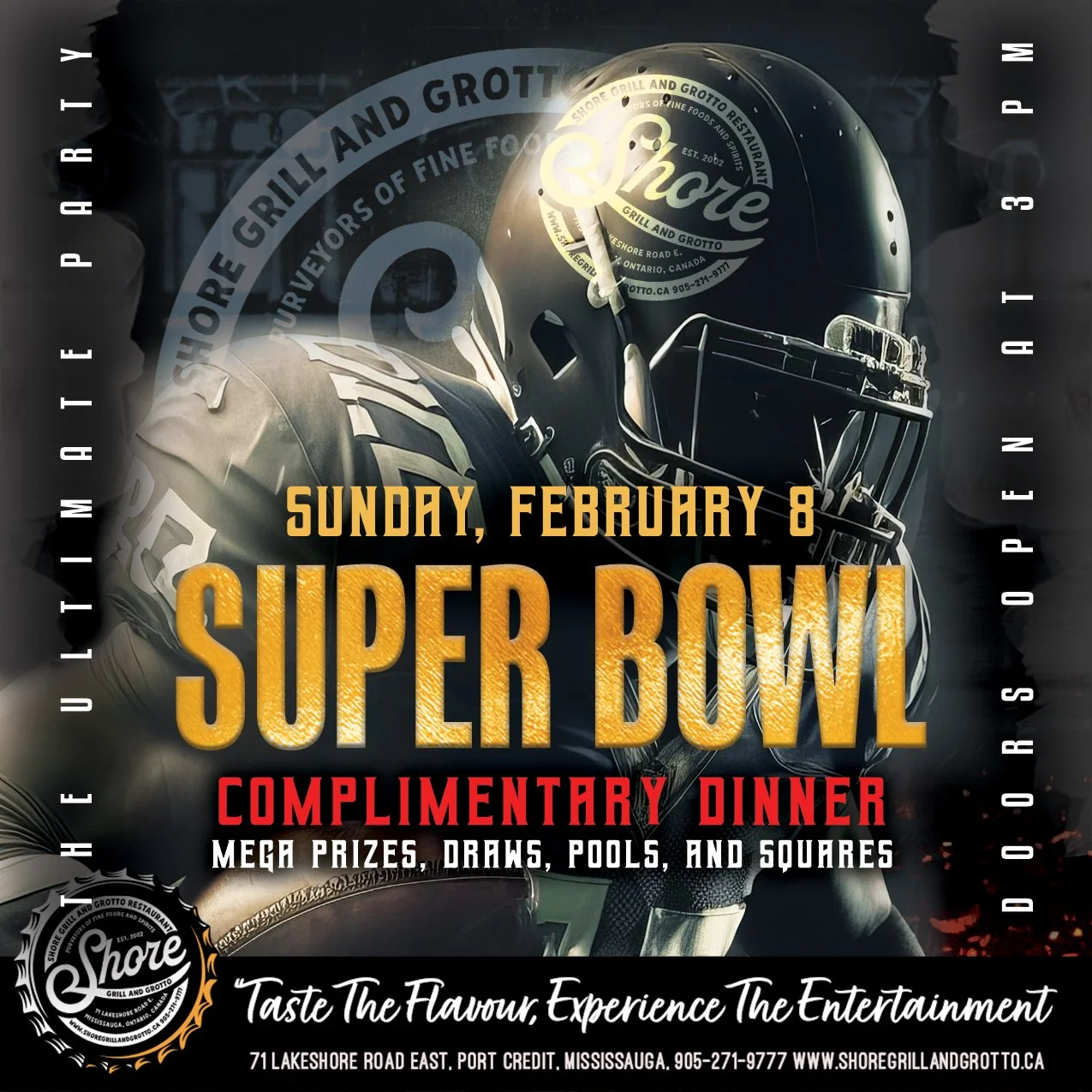 🏈🔥 SUPER BOWL SUNDAY at Shore Grill and Grotto 🔥🏈
Join us this Sunday for the ultimate Super Bowl Party in the heart of Port Credit! 
✨ Everyone gets a complimentary dinner
🎁 The biggest prize table you&rsquo;ve ever seen
🏈 Super Bowl Squares
?