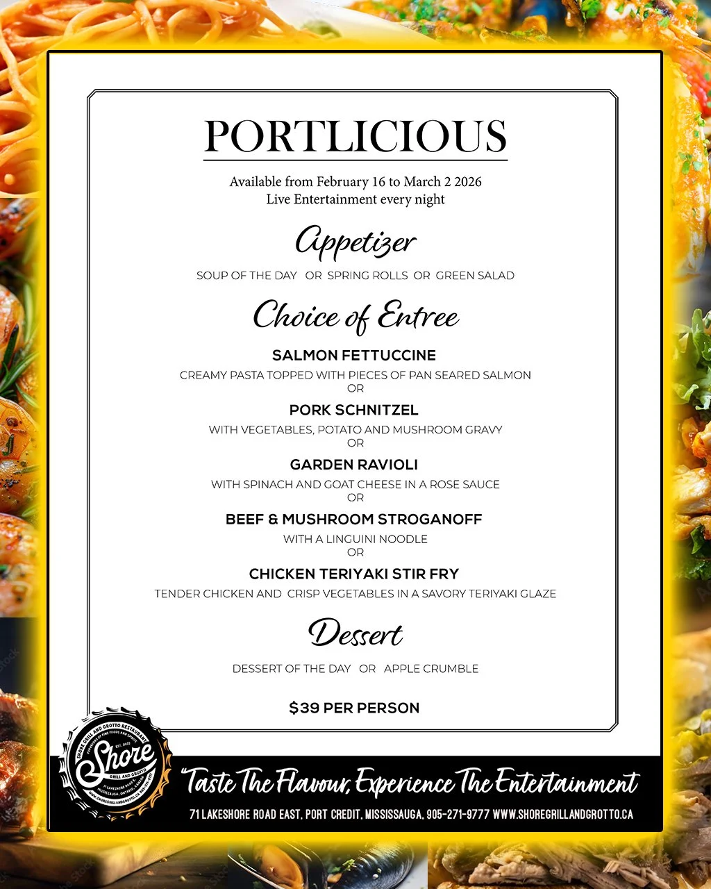 🍽️ Portlicious is here at Shore Grill and Grotto! 🎉
This winter, Port Credit restaurants and caf&eacute;s are coming together to celebrate Portlicious &mdash; a special prix fixe dining experience featuring an unforgettable three-course menu.
Join 
