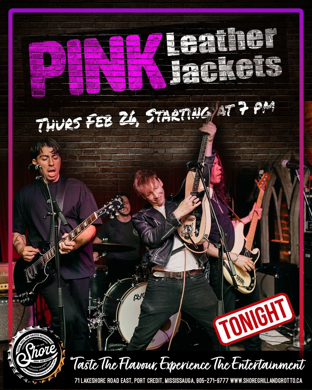 ✨ Tonight at Shore Grill and Grotto &mdash; the vibes are high, the music is live, and the flavours are unforgettable! Join us for an incredible evening with Pink Leather Jackets, bringing energy, hits, and dance-worthy moments all night long. 🎶
Whi
