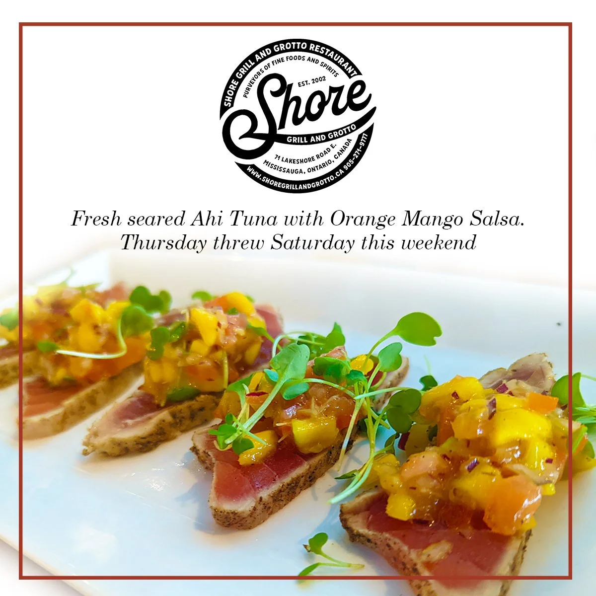 🌟 Make this weekend delicious at Shore Grill and Grotto! 🌟
Enjoy our fresh seared Ahi Tuna special, perfectly prepared and topped with a vibrant orange mango salsa bursting with tropical flavour. This mouthwatering dish is ready to steal the spotli