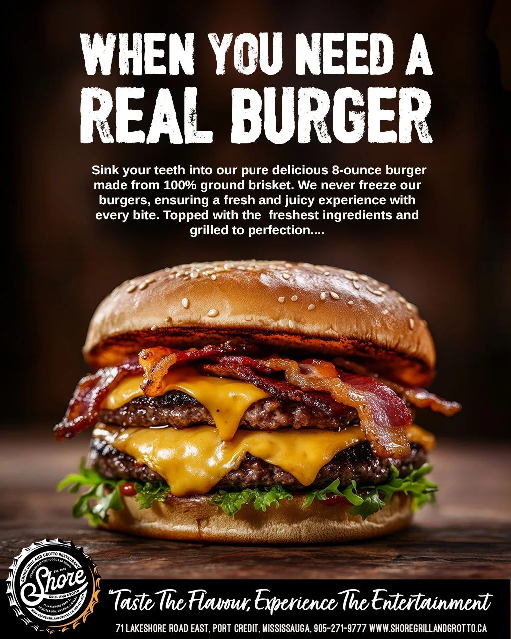 🍔 Bigger. Juicier. Better.
Meet the Ultimate Burger at Shore Grill and Grotto &mdash; always fresh, never frozen, and grilled to perfection. Choose your size &mdash; Quarter Pounder or Half Pounder &mdash; and make it your own with our new lineup of