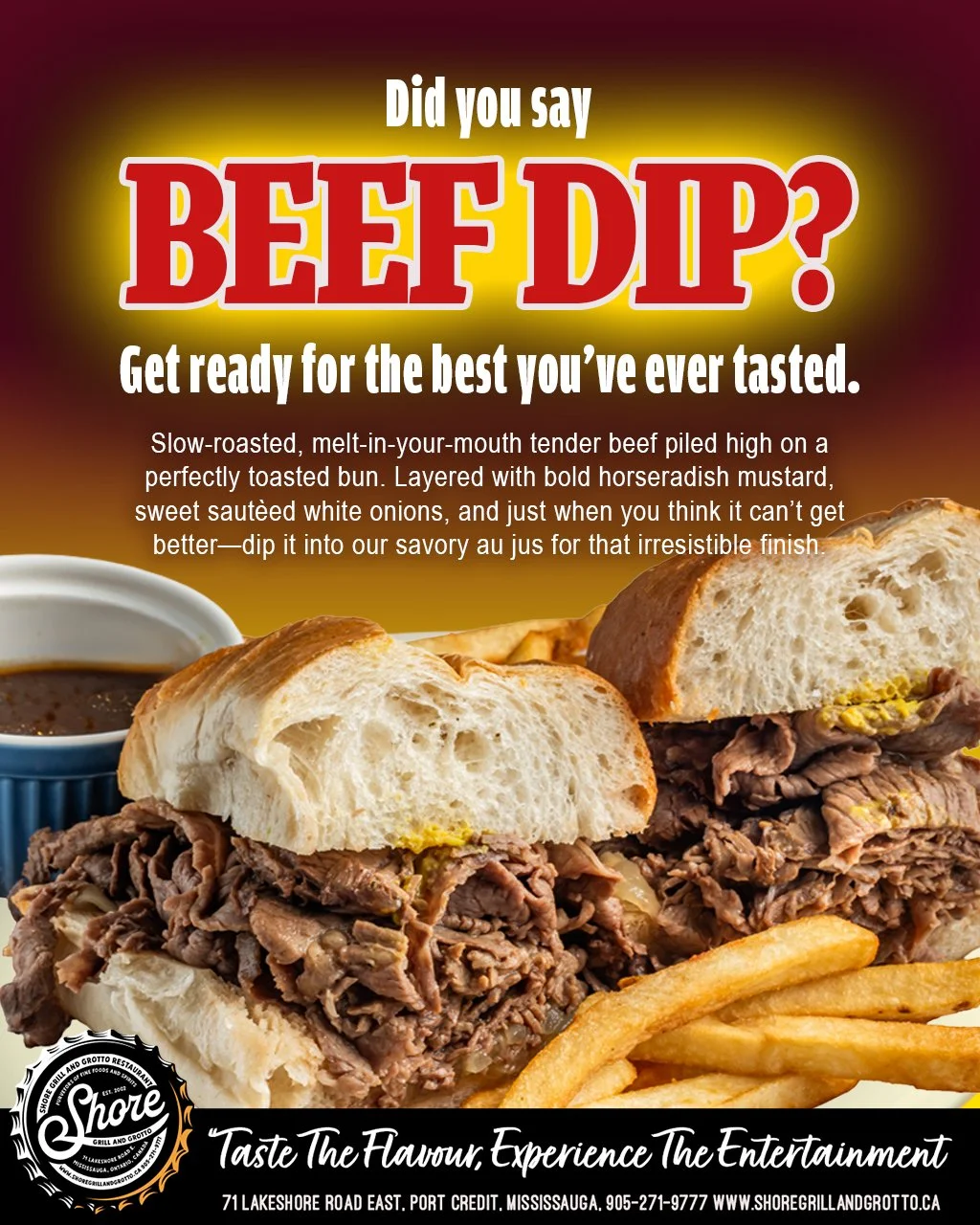 Get ready, Port Credit! 🔥 Shore Grill and Grotto is serving up a NEW must-try: the BEST beef dip you&rsquo;ve ever had. Juicy, tender, and packed with incredible flavor&mdash;topped with saut&eacute;ed white onions, mustard horseradish, and served w