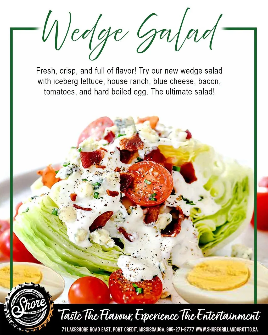 Fresh, crisp, and packed with flavor! 🥗 Try our new wedge salad featuring iceberg lettuce, creamy house ranch dressing, blue cheese crumbles, crispy bacon, juicy tomatoes, and a hard boiled egg. It&rsquo;s the perfect bite any time of day. Join us a