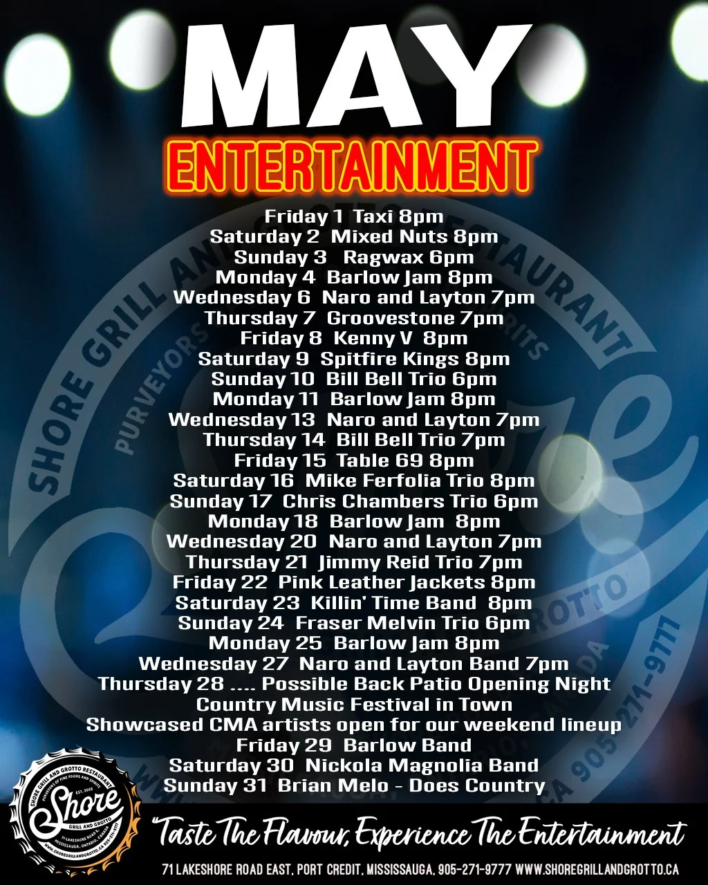 🌊🎶 MAY ENTERTAINMENT IS HERE AT SHORE GRILL &amp; GROTTO 🎶🌊
Get ready, Port Credit! This May, Shore Grill &amp; Grotto is turning up the energy with a full month of the city&rsquo;s BEST live entertainment. From incredible local talent to unforge
