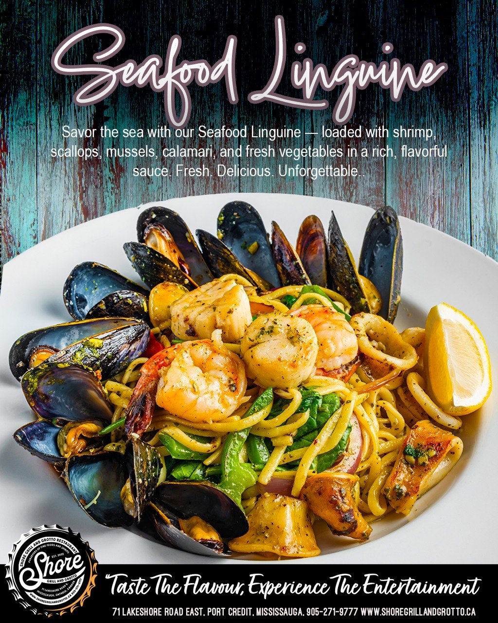 Dive into a bowl of bold coastal flavor with our Seafood Linguine &mdash; a perfectly cooked pasta tossed in a savory sauce and loaded with tender shrimp, scallops, fresh mussels, calamari, and garden vegetables. Every bite brings the taste of the se