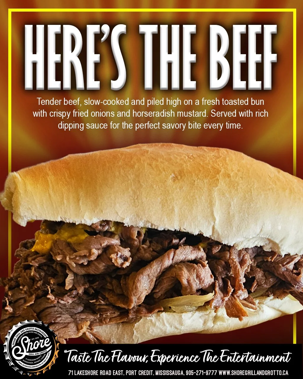 Join us for our famous Beef Dip Sandwich at Shore Grill and Grotto &mdash; you won&rsquo;t be disappointed! 🔥🥩
Tender, slow-roasted beef piled high on a fresh bun, served with rich, flavourful au jus for the ultimate dip experience. One bite and yo