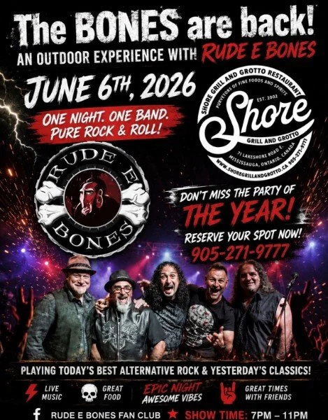 Summer is here, and there's no better way to enjoy it than with a great night out at Shore Grill and Grotto! Tonight, we're excited to welcome Rude E Bones to the stage for an evening of fantastic live music, great food, cold drinks, and unforgettabl