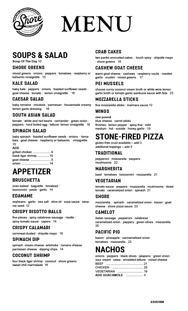 Shore Inn Menu Menu — SHORE GRILL & GROTTO