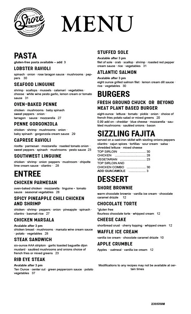 Shore Inn Menu Menu — SHORE GRILL & GROTTO