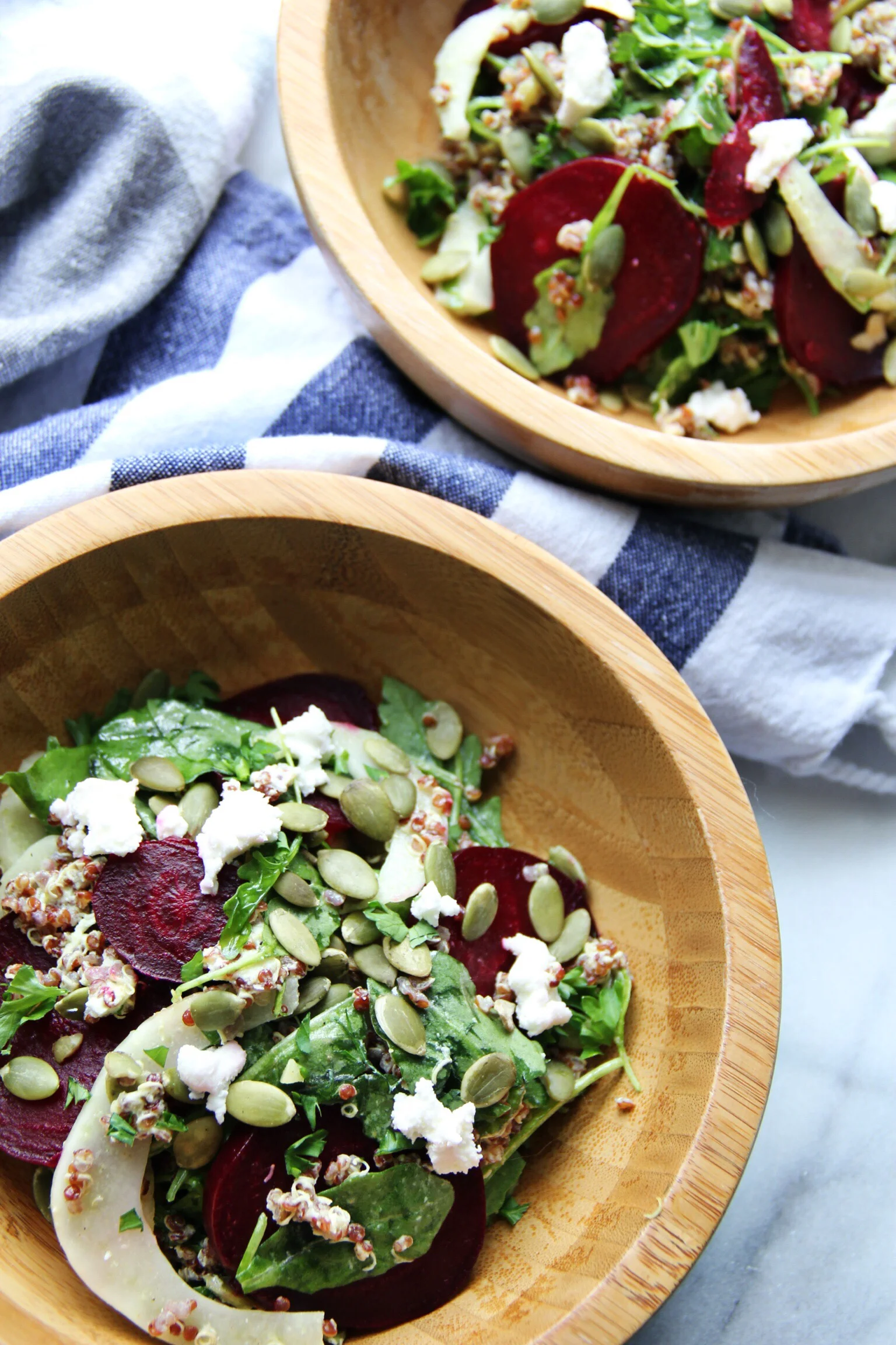Quinoa with beets, fennel, goat cheese, and curry vinaigrette