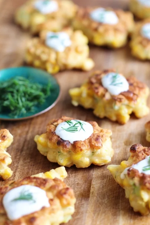Sweet corn cakes with dill crème fraîche