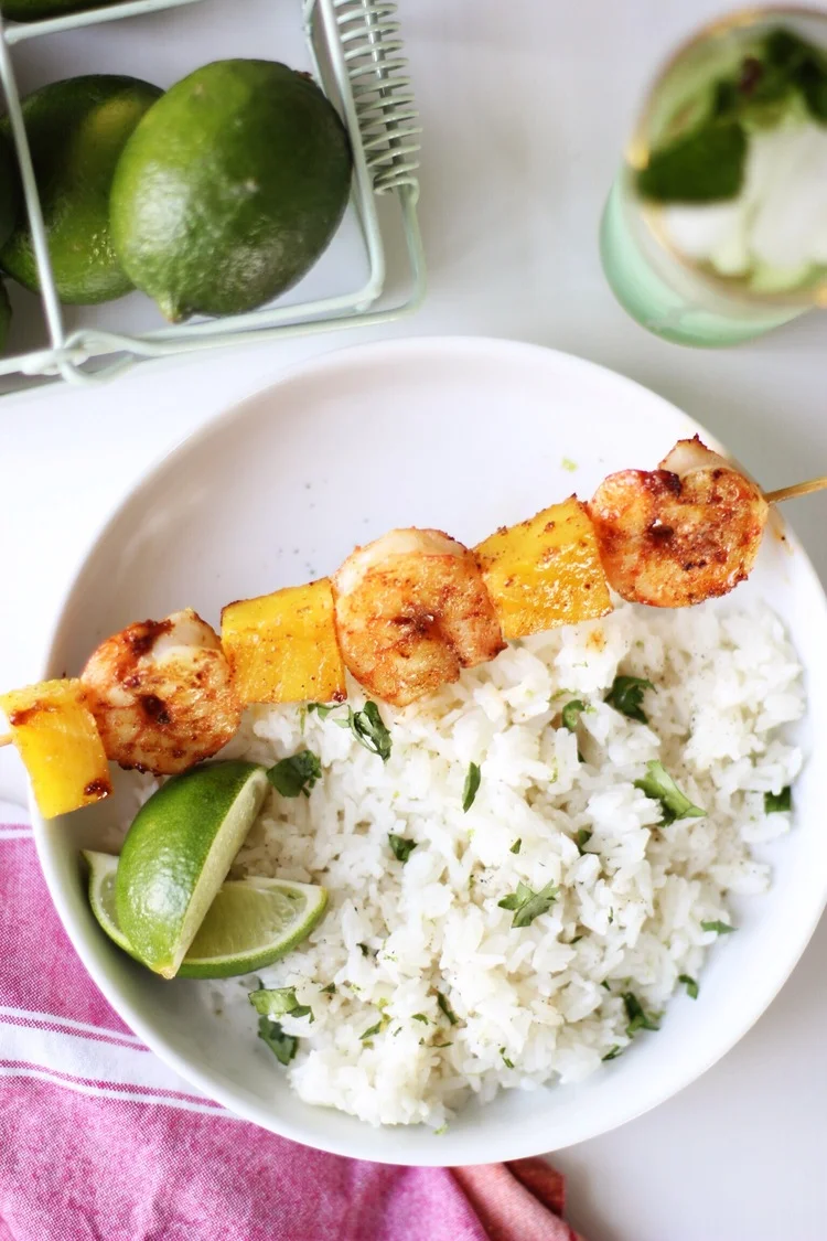 Butter-basted shrimp and pineapple skewers