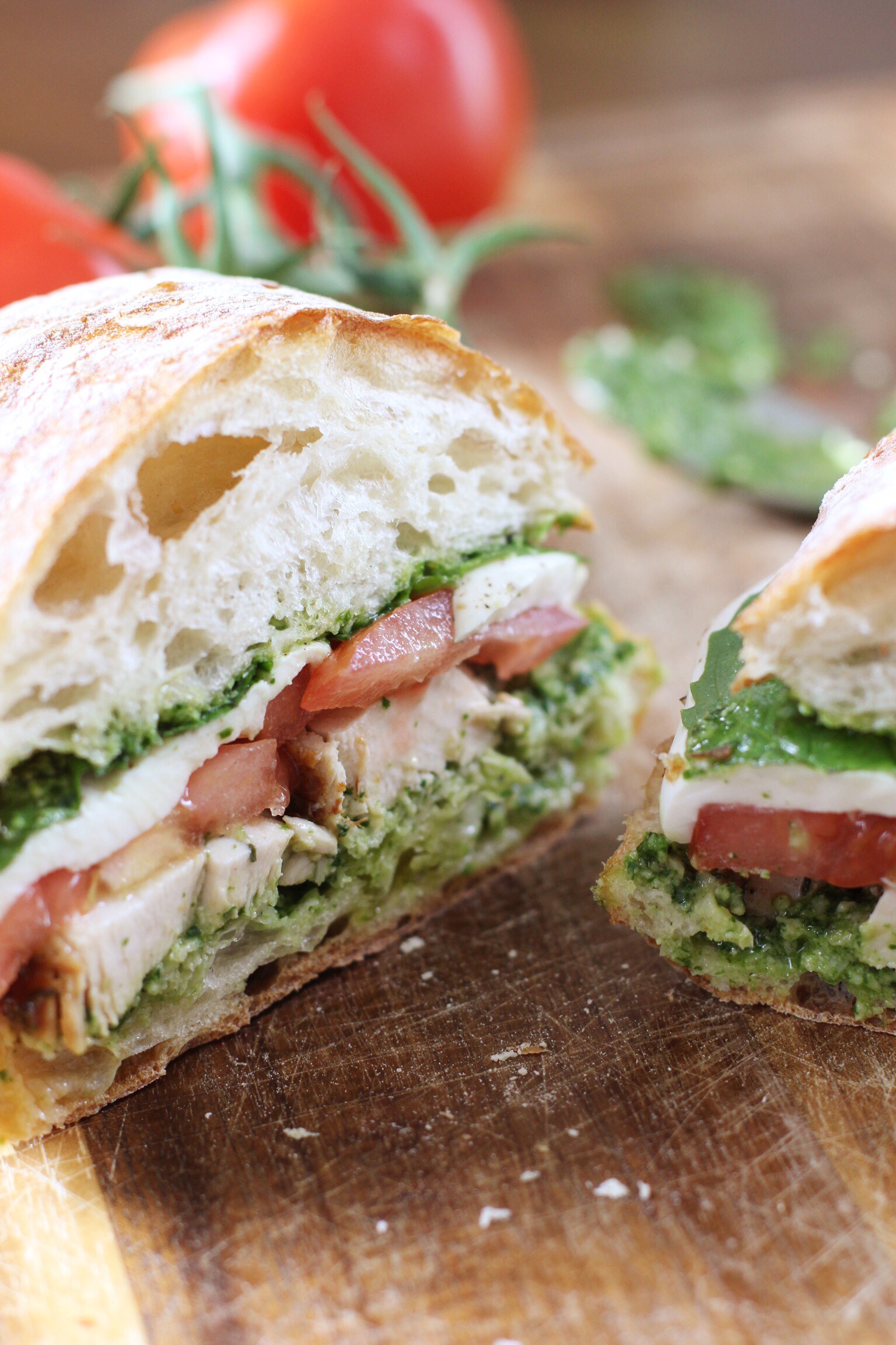 Chicken, tomato, and mozz melt with pesto