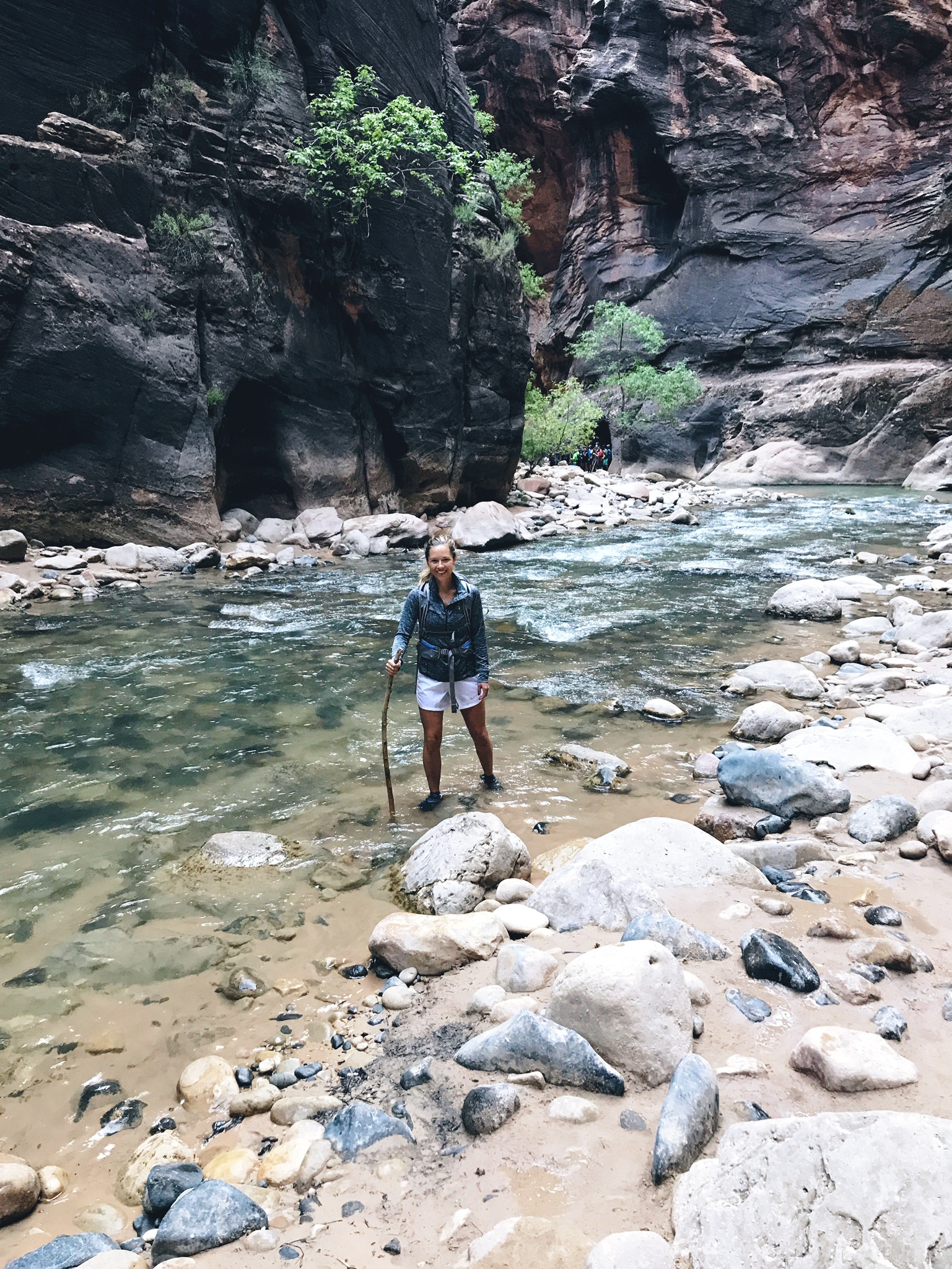 A hiking stick is a necessity in the Narrows
