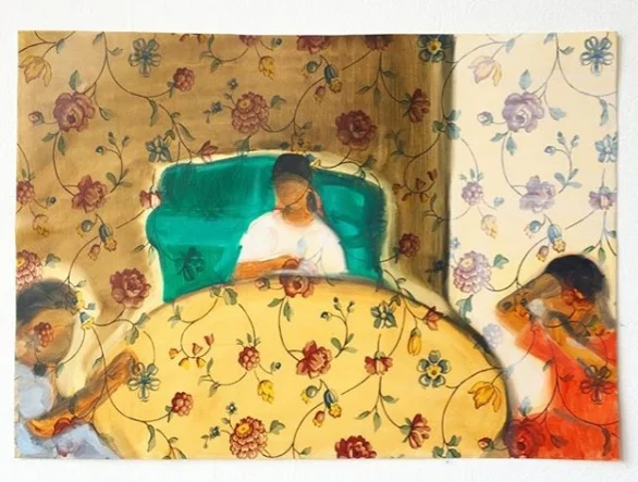 Untitled (dinner) , 2018 Oil on vinyl wallpaper mounted on paper 8 x 11.5 inches