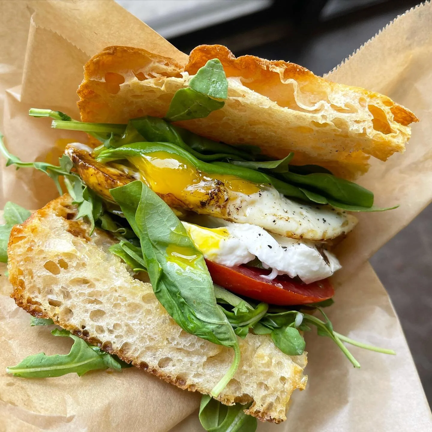 California Caprese with true pasture-raised local egg on our 100+ year old naturally leavened sourdough focaccia // We&rsquo;re now open Wed-Sun 12-8pm