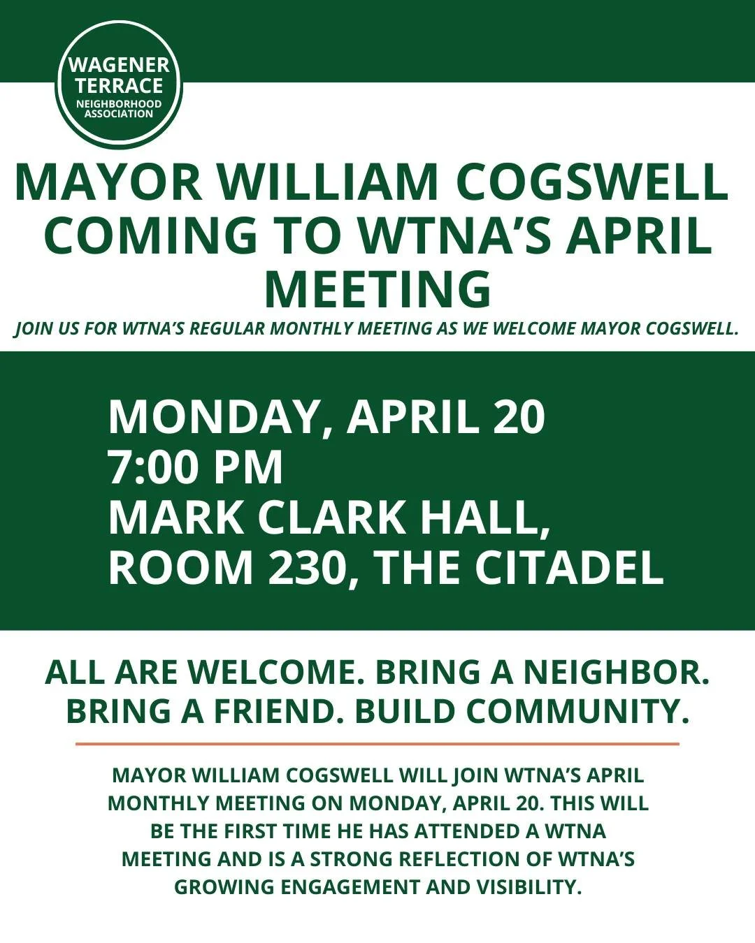 Big news for WTNA&rsquo;s April meeting: Mayor William Cogswell will be joining us on Monday, April 20.

This is WTNA&rsquo;s regular monthly meeting, but it is also an important moment for our neighborhood association. It will be the first time Mayo