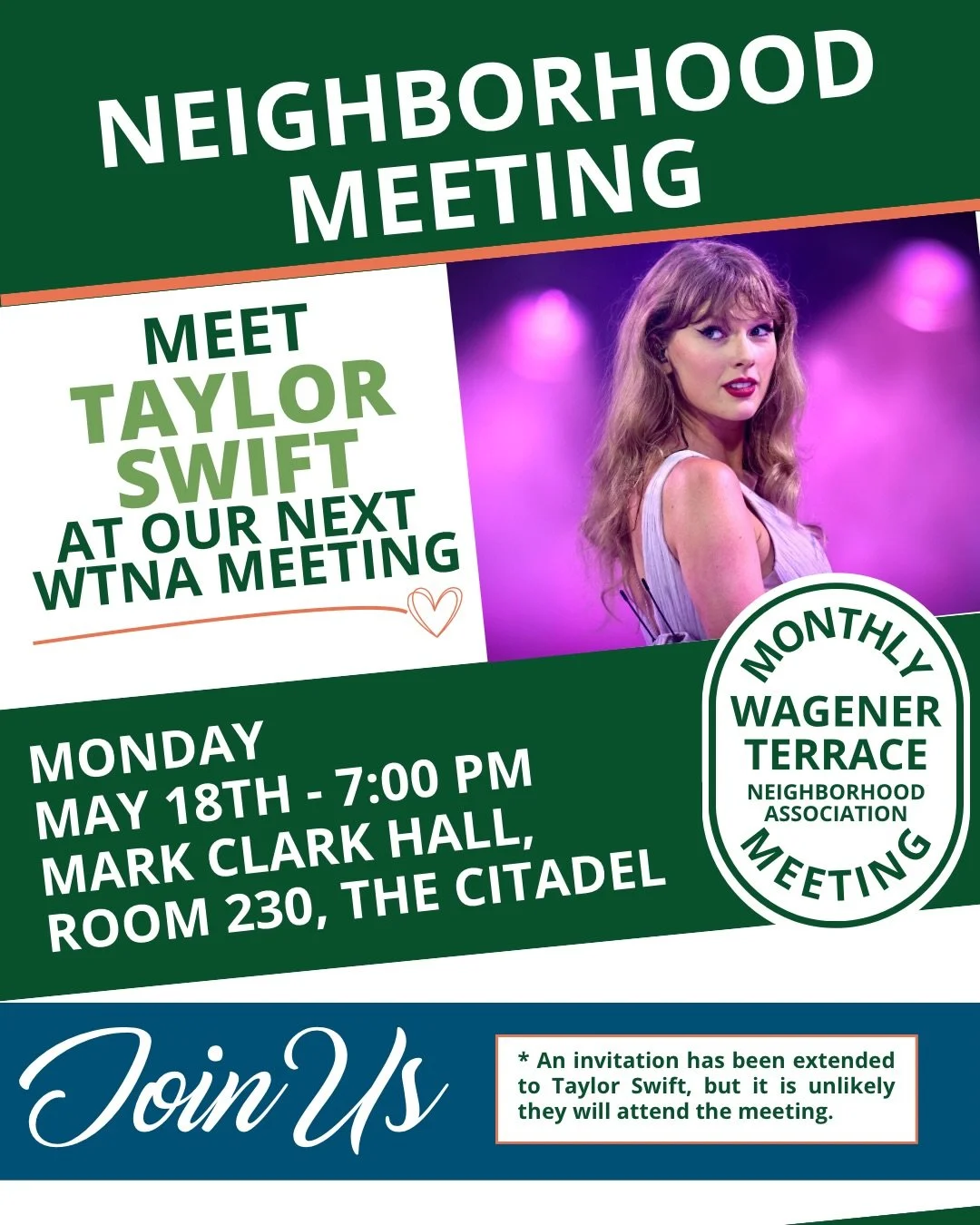 We had such success at our last meeting with local celebrity Mayor William S. Cogswell, we thought we&rsquo;d go ahead and up the ante! Come on out for a meet and greet with @taylorswift 
Mark your calendars for our next monthly meeting on May 18th. 