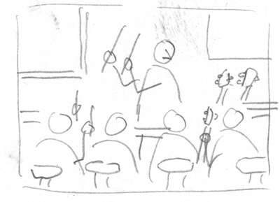 Option 1A: Butch Vig at front of class air drumming.