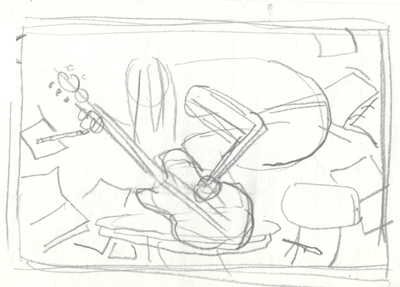 Option 2: Shredding guitar on school table. School books go flying.