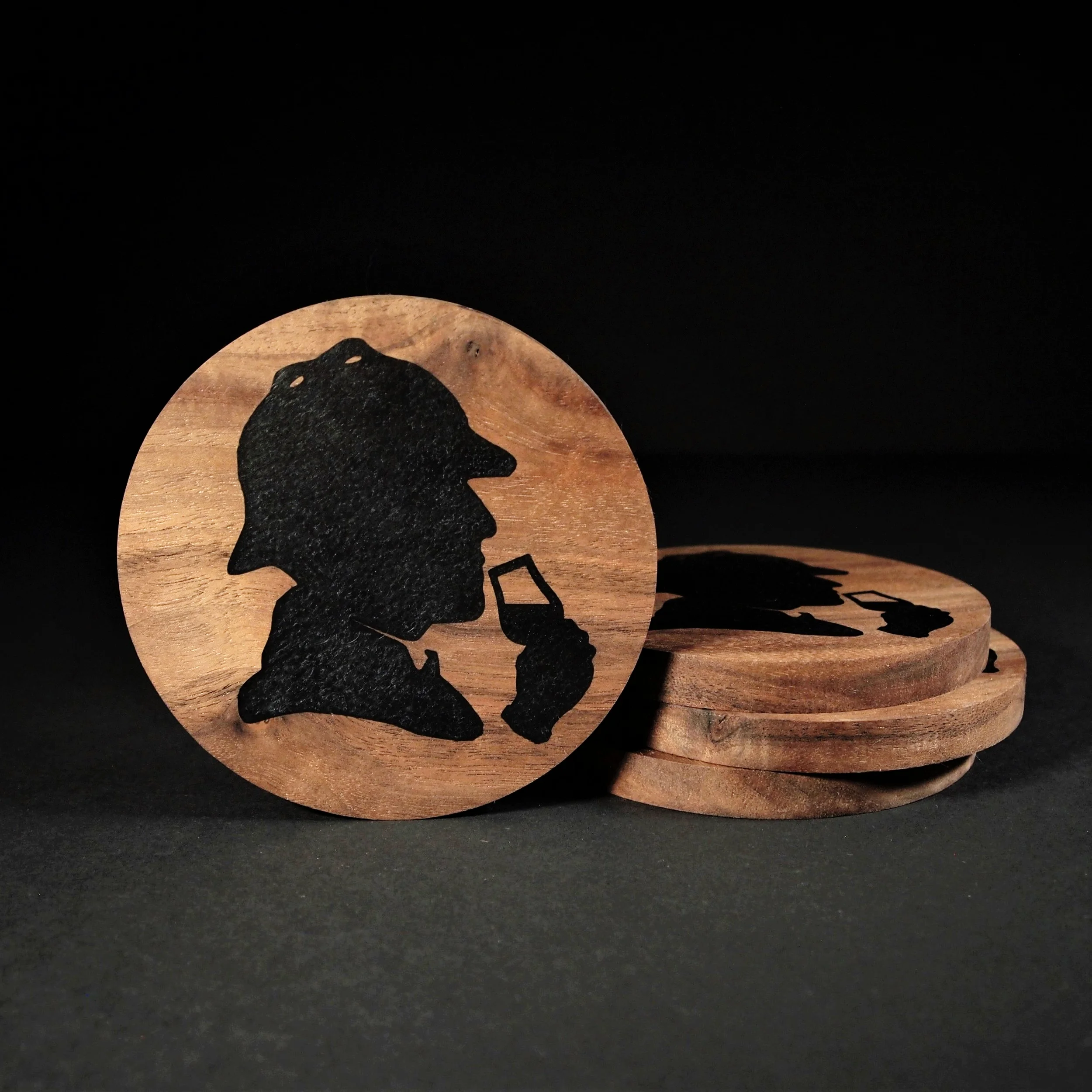 Sherlock Holmes Drinking Coaster (Black Walnut) - Set of 4