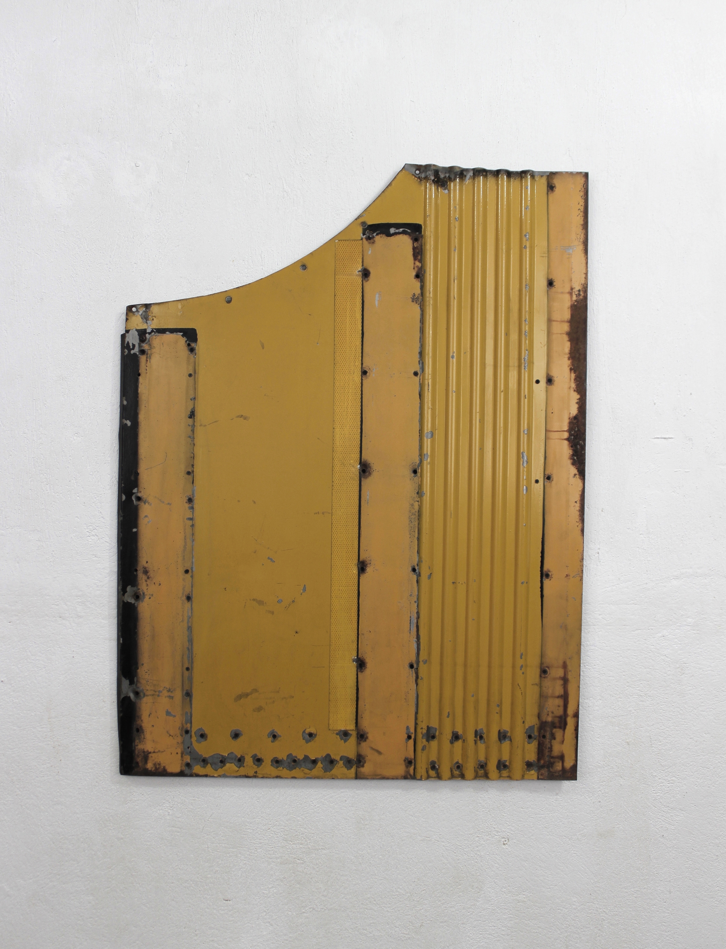   Geometric Relief No. 5   2014  Found rusted urban bus external panel, automotive paint,&nbsp;polyvinyl and acryloid.&nbsp;  115 x 87 x 3 cm&nbsp;  Photo credit: Diego Sagastume&nbsp; 