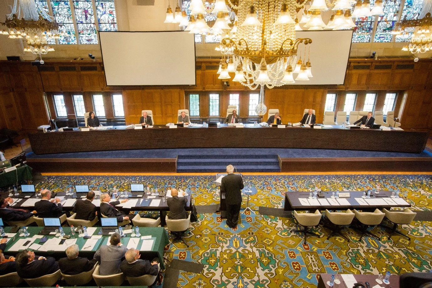 Photograph: Hearing in session, July 2015, Peace Palace, The Hague, Photo Credit: The Permanent Court of Arbitration