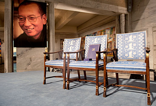 As a tribute to the absent Nobel Laureate, Liu Xiaobo's Nobel Medal and Diploma were placed on an empty chair during the Nobel Peace Prize Award Ceremony in Oslo, Norway, 10 December 2010. Copyright © The Nobel Foundation 2010 Photo: Ken Opprann