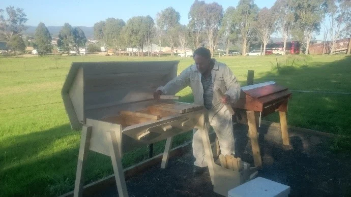 David Sheers setting up the top bar hive