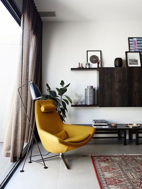 KM | Colour study 02, Mustard - midcentury apartment, egg chair, residential design