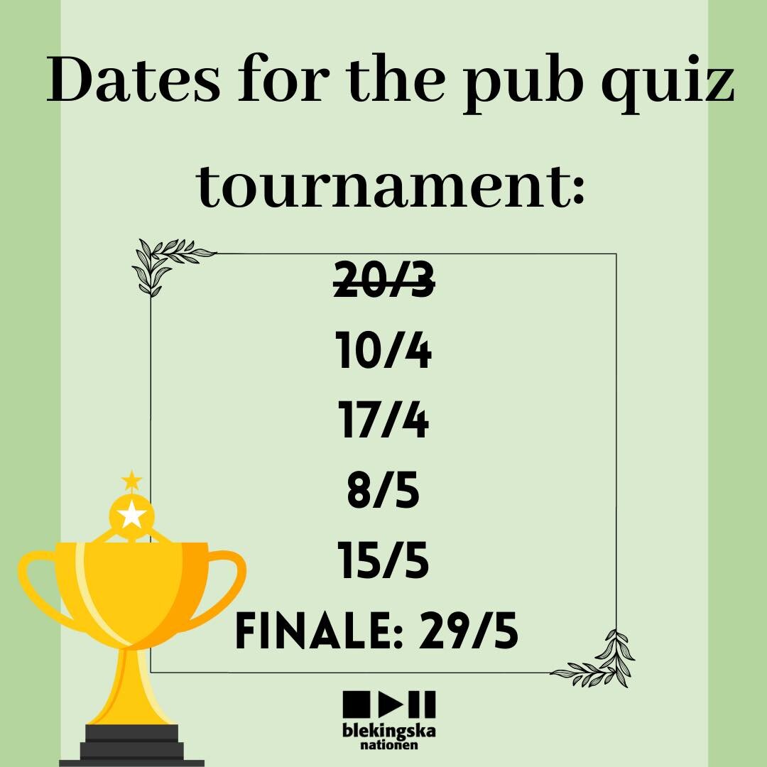 H&auml;r &auml;r resterande datum f&ouml;r den p&aring;g&aring;ende quizturneringen! Quizen h&aring;lls p&aring; Onsdagspuben (18-00) och det l&auml;ggs upp ett FB-event inf&ouml;r varje pubquiz med mer info. 

Det g&aring;r sj&auml;lvklart bra att k