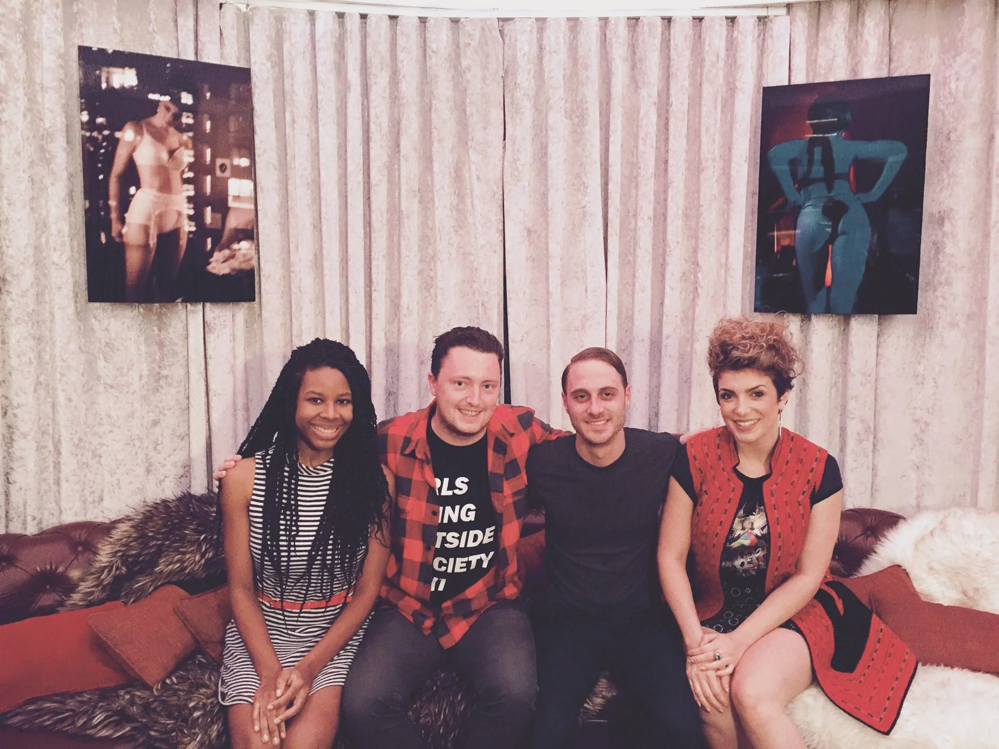 ( Derek Berry, third from left, at Virgin Hotels for Dynasty Podcasts, alongside Melanie McClain, Patrick Welby, and Emily Nejad. )