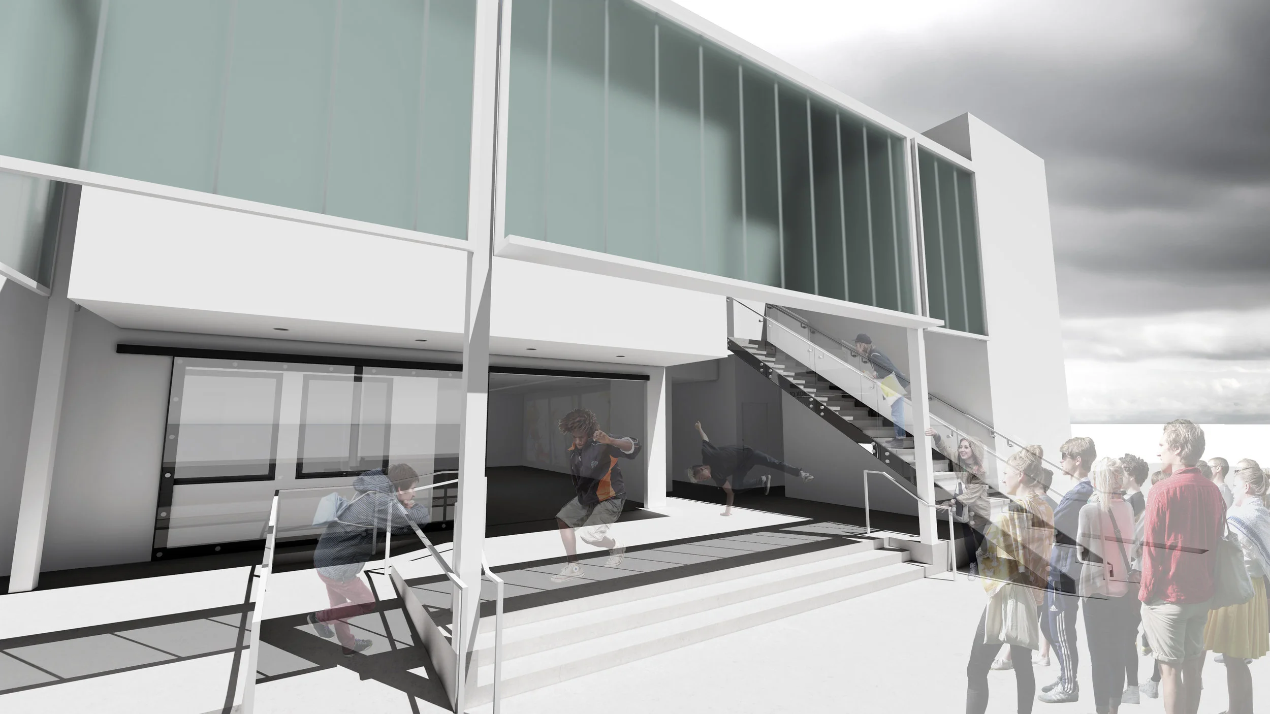 To eliminate physical barriers at street level, we demolished a built-in planter and widened the terrace stairs to maximize pedestrian access from the sidewalk. Busy vertical rails on the stairs leading to the second floor theatre were replaced with