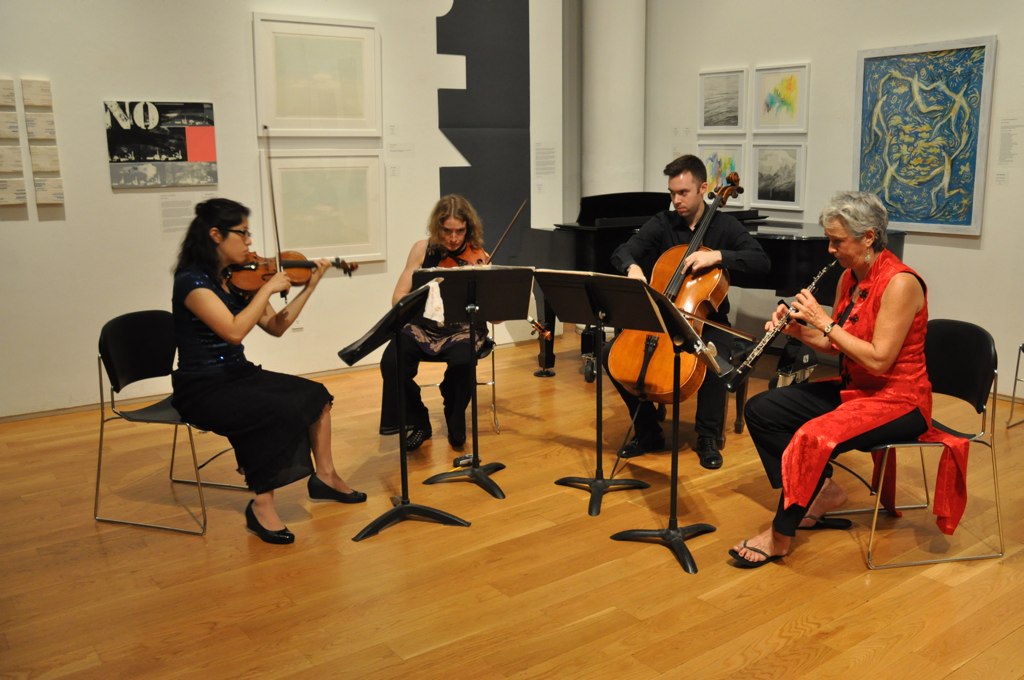 Peggy Pearson (oboe), Emilie-Anne Gendron (violin), Stephanie Griffin (viola), Michael Haas (cello) at the at Eric Nathan's Portrait Concert at the Tenri Cultural Institute (New York City). (Photo credit: Luyuan Nathan)