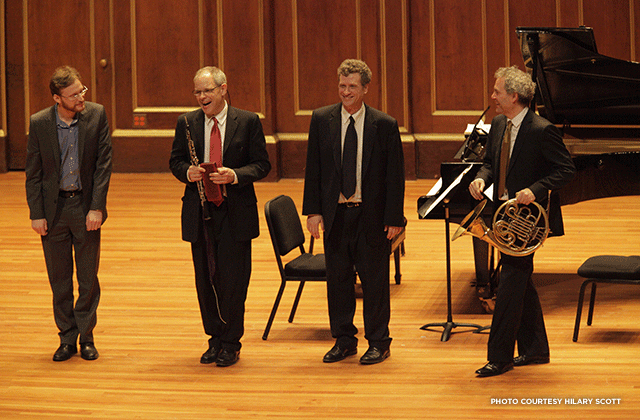 With the Boston Symphony Chambers Players at the premiere in Jordan Hall. Left to right: John Ferrillo (oboe), Randall Hodgkinson (piano), James Sommerville (horn).