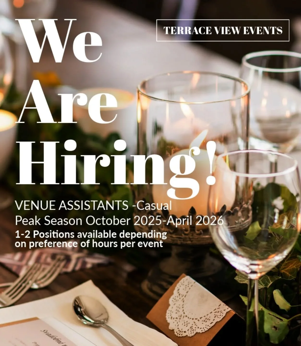 If you are passionate about events and want to join a small but hardworking team, email us for more information/ how to apply! Email: events@terraceviewwines.com