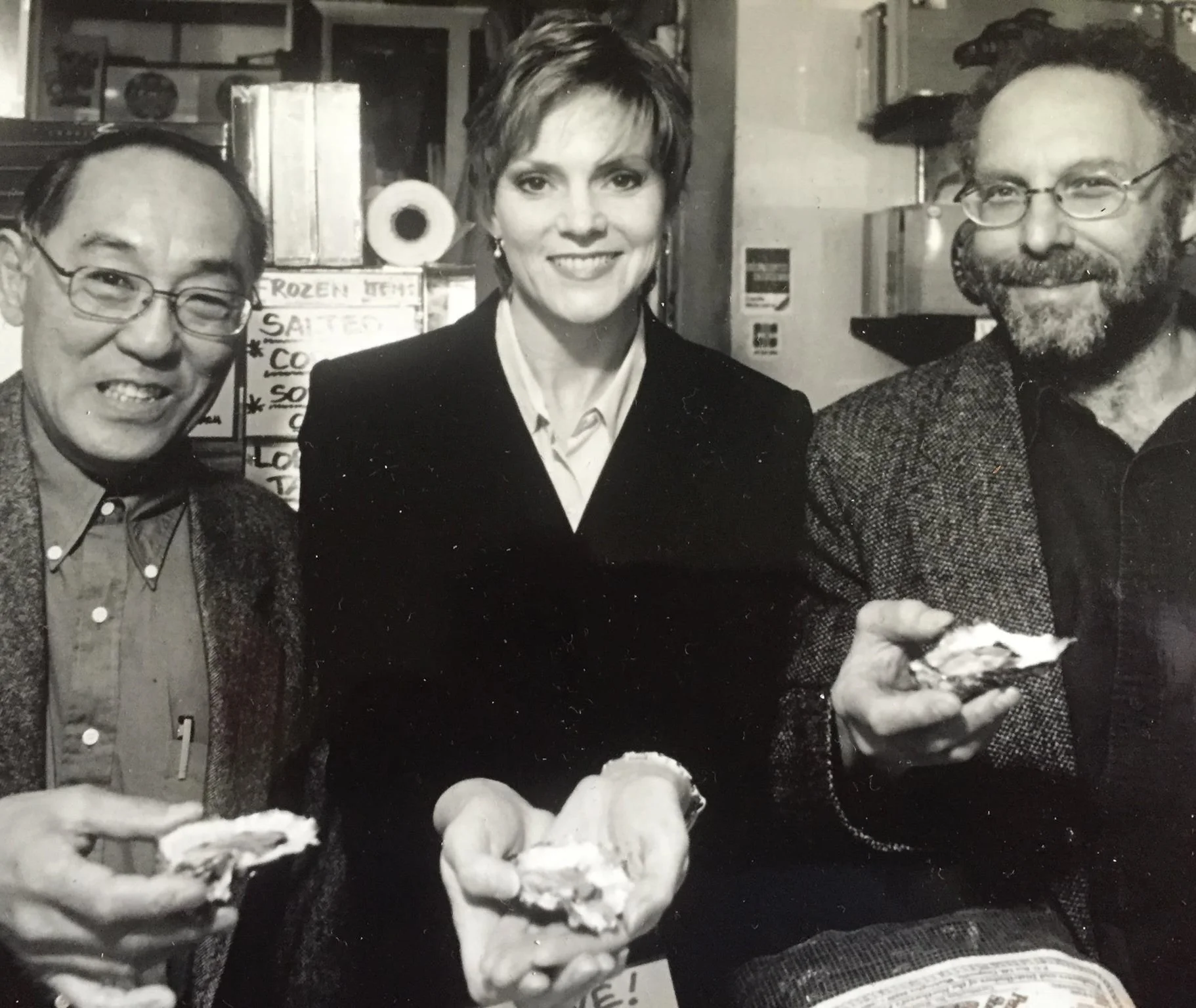 2001 promo pic with co-authors Terry Nosho and David Gordon, for Heaven on the Half Shell, the Story of the Northwest's Love Affair with the Oyster. Sampling oysters at Seattle's Pike Place Market.