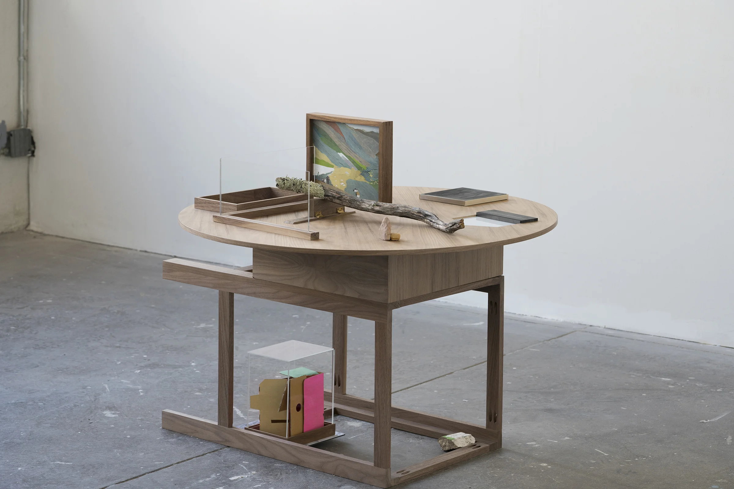 ‘Untitled_When Victor saw snow up in the mountain’ 2016 Archival pigment print, Paint pigment, Wood, Cardboard, Brass, Found wood stick with moss on it, Dibond, Solid graphite panel, Solid graphite rod, Acrylic, CNC cut-out MD