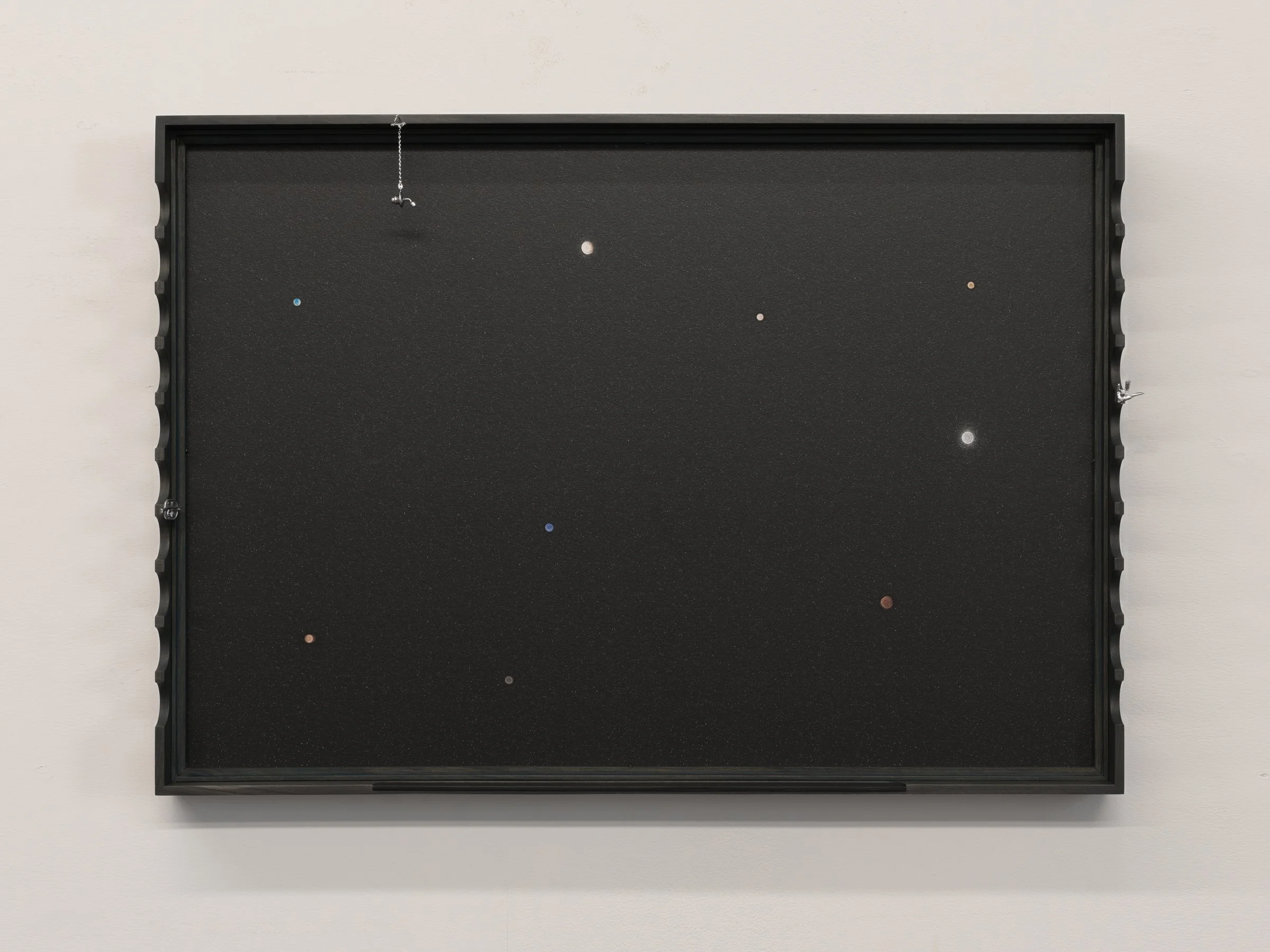 My Infinite, Gaugeable, 2025, Black-stained wood, archival pigment print (bright starfield stitched from noise), found metallic objects, layered Optium museum acrylic, magnets, 18 x 27 x 3 inches It’s a gaze stitched together with noise — with w