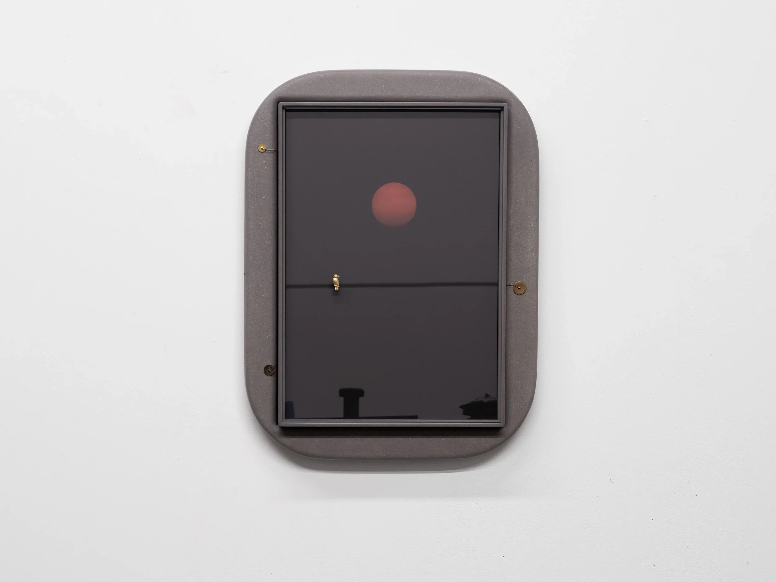 Untitled Landscape with Sun, Bird and Three Dots, 2024, Laminated valchormat, clear varnished pigment print mounted on Dibond, gold leaf, found objects, acrylic, 16 x 23 x 3 inches