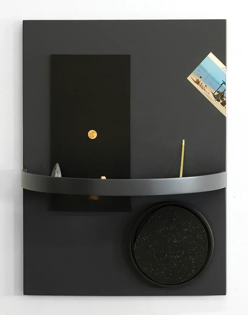 Almost full moon at Salton Sea , 2020, Archival pigment print mounted on Dibond, satin poly-finished MDF, graphite, brass, wood, postcard, gold liquid, 20 x 30 x 15 inches